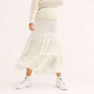 Free People Wielder Tiered White Eyelet Midi Skirt 0